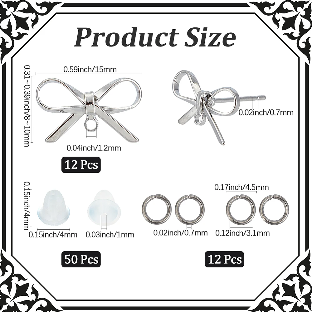 12Pcs Bowknot Earring Posts Genuine Platinum Plated Earring Hook with Ear Nuts Sliver Brass Open Jump Rings DIY Jewelry Findings