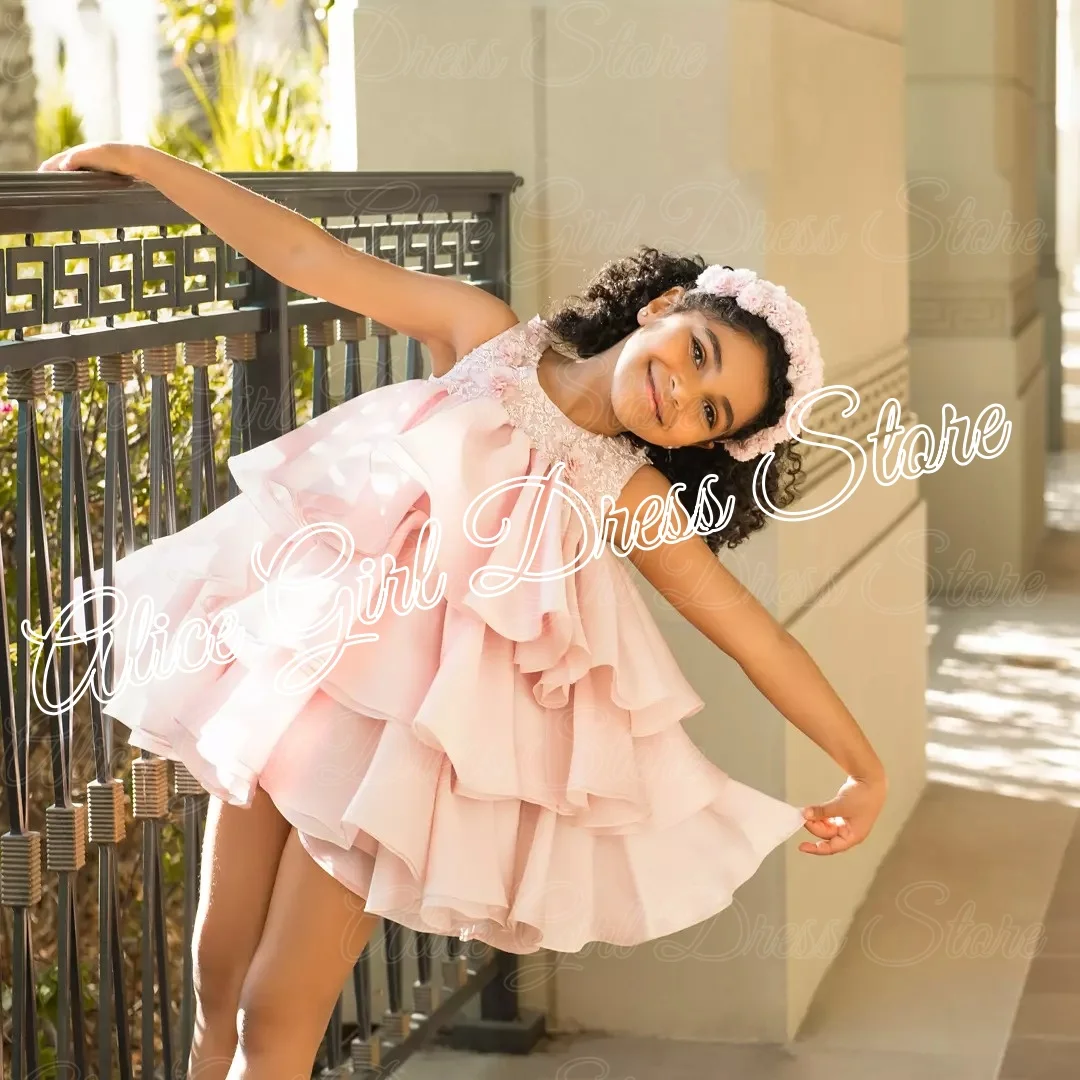 

Customized Pink Tulle Flower Girl Dresses for Wedding Lace Appliques Tiered Lovely First Communion Baby Birthday Party Gowns