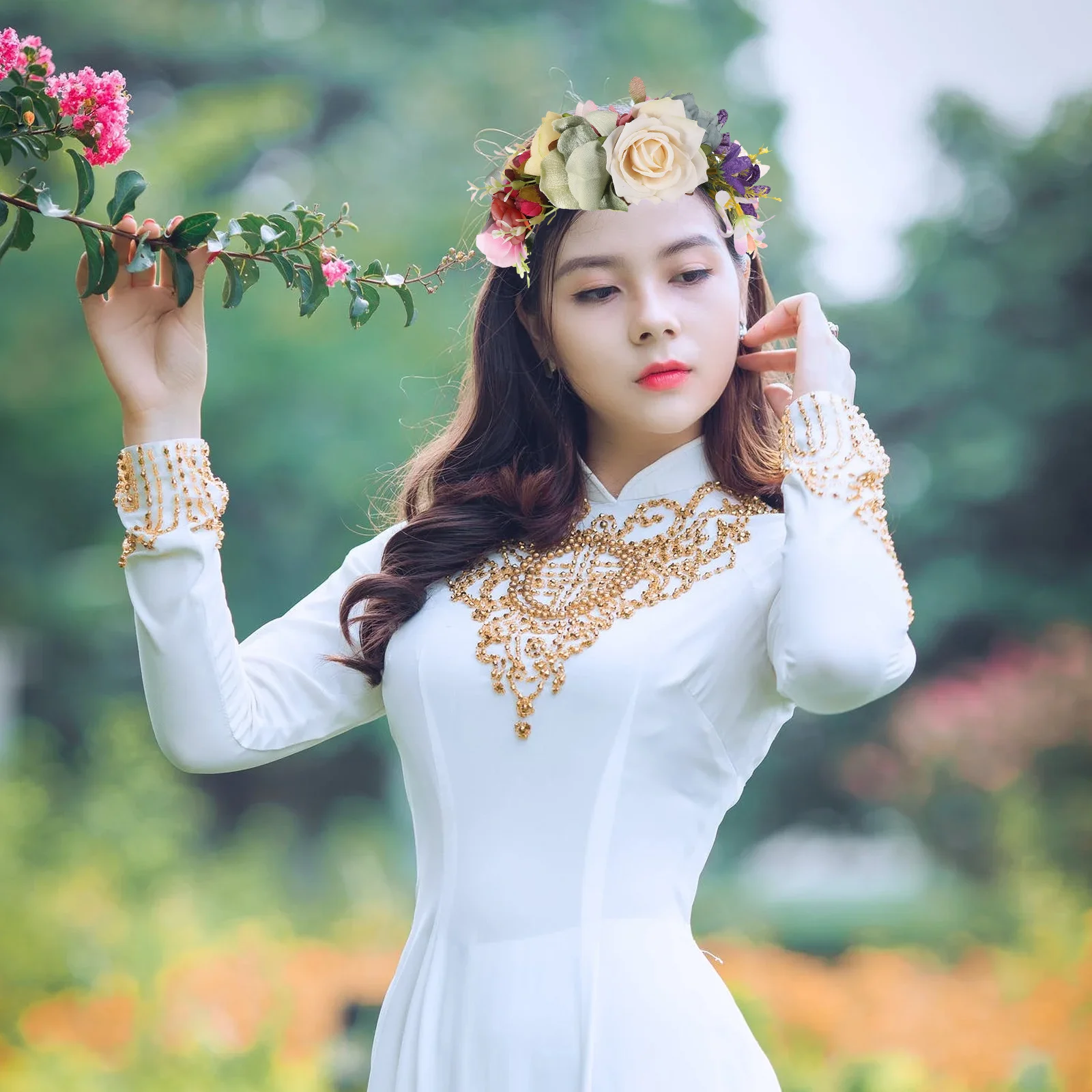 

Floral Headband with Simulated Flowers Elegant Flower Hair Hoop for Wedding Party Carnival Masquerade Fancy Dress Bridal