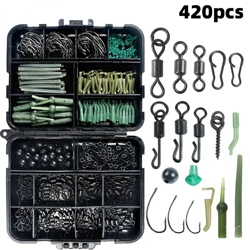 Box Carp Fishing Tackle Kit Including Boilie Bait Screw Accessories Swivels Hooks Anti Tangle Sleeves Hook Stop Beads