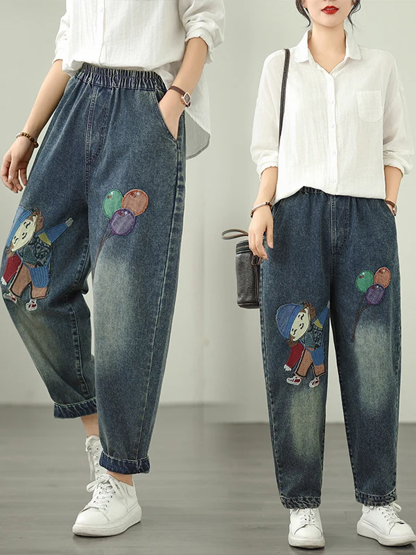 

High Waist Embroidered Casual Denim Jeans Versatile Large Size Harlan Old Dad Pants Brand Label Removed Faionable Agel