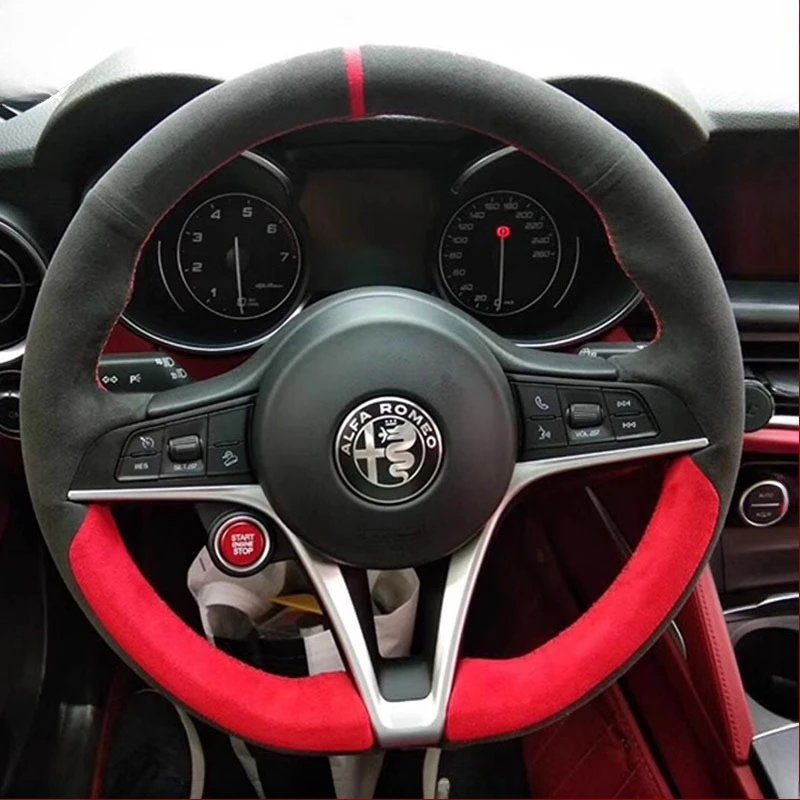 For Alfa Romeo Giulia Stelvio 2015-2018 Auto Parts Hand-Stitched Non-Slip Suede Blue Line Blue Label Car Steering Wheel Cover
