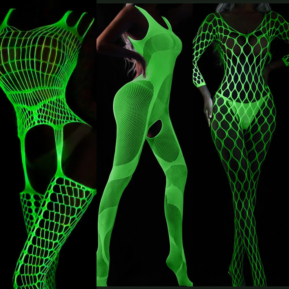 Glow In The Dark Fishnet Stockings Leggings Shining Perspective Light One-piece Luminous Suspenders Mesh Clothes Fishnet Socks