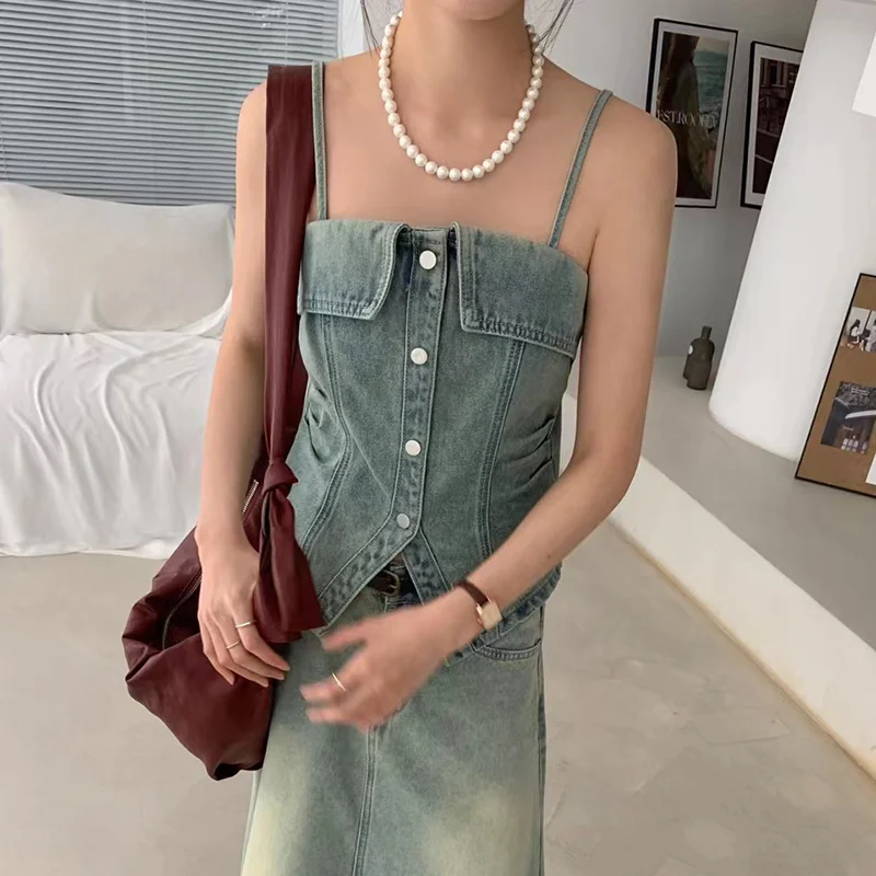 FST Retro Denim Small Cami Women Summer High-Grade Sense Beau Back Be Careful to Wear outside the Machine Gyaru Sleeveless Top