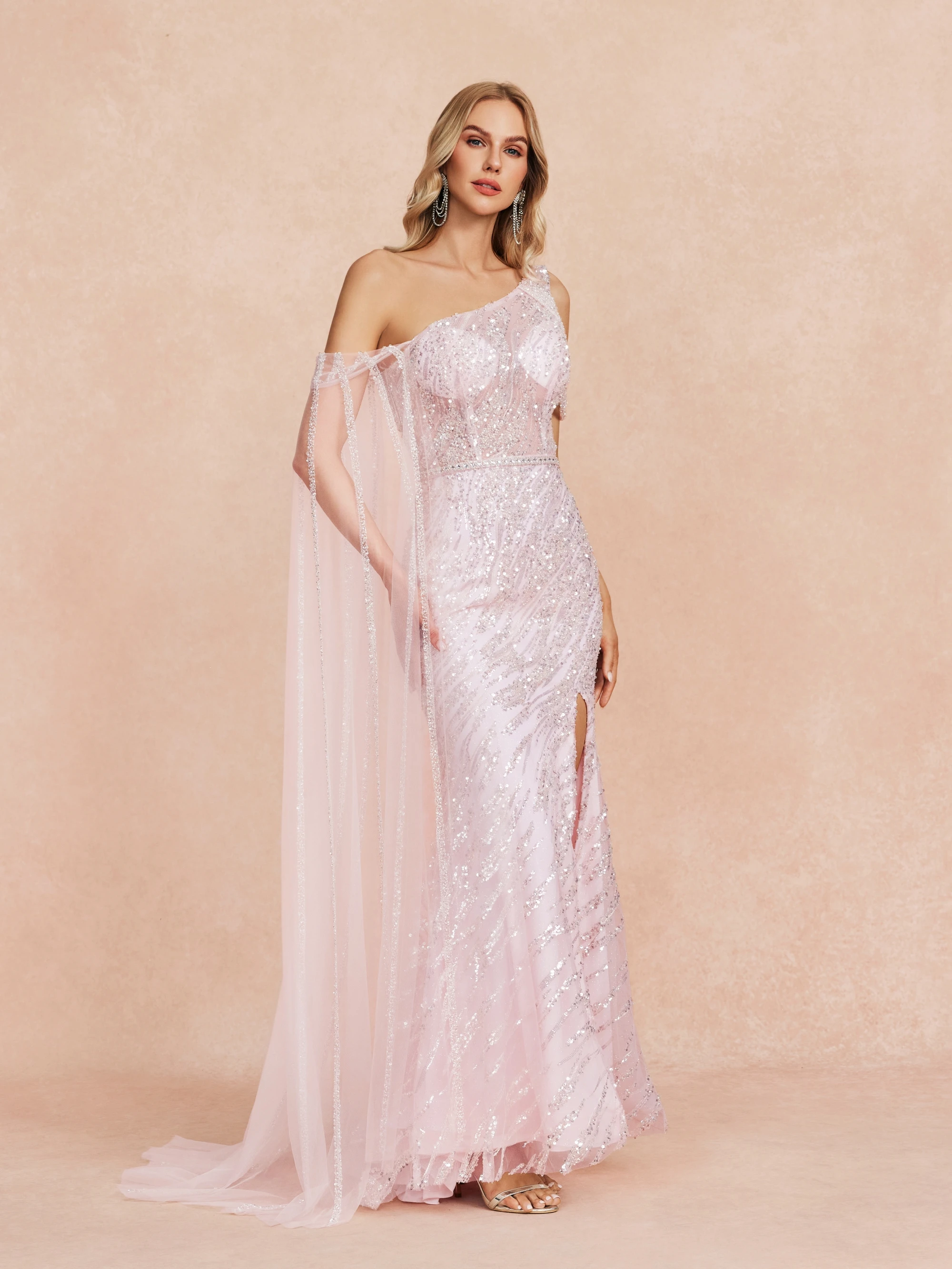 

Shalimar Zhang Pink Gowns Ladies With Diamond Handmade Cape sleeve Mermaid Customized