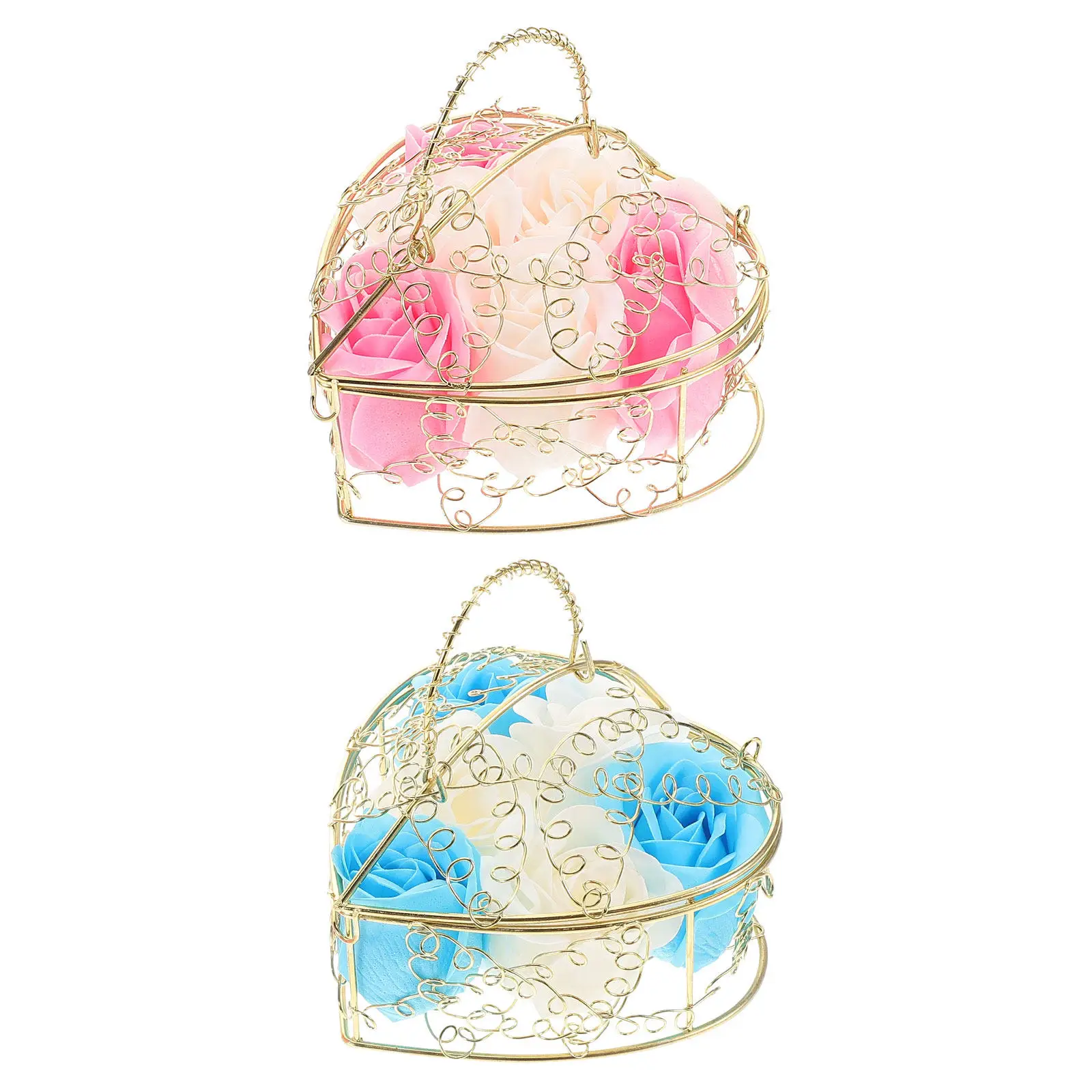 

2Pcs Heart Rose Scented Soap Flowers in Wrought Iron Basket Floral Bath Decor Romantic Bedroom Living Room Aromatherapy Gift