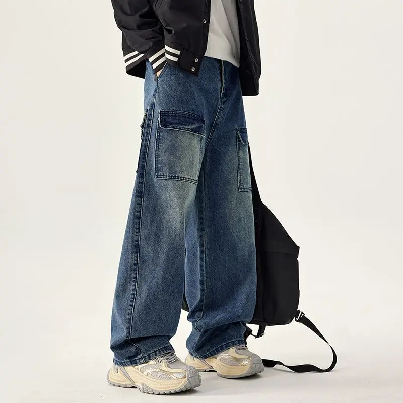 

Men's Jeans Fashionable Washed Retro Blue Straight Leg Wide Leg Multi Pocket Casual Versatile Trendy Brand Hanging Long Pants