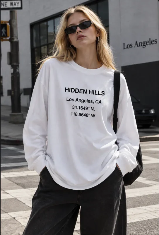 Hidden Hills Los Angeles Coordinate Printed Long Sleeve Round Neck T-shirt Casual Street Top Unisex Multi Color Y2K Style