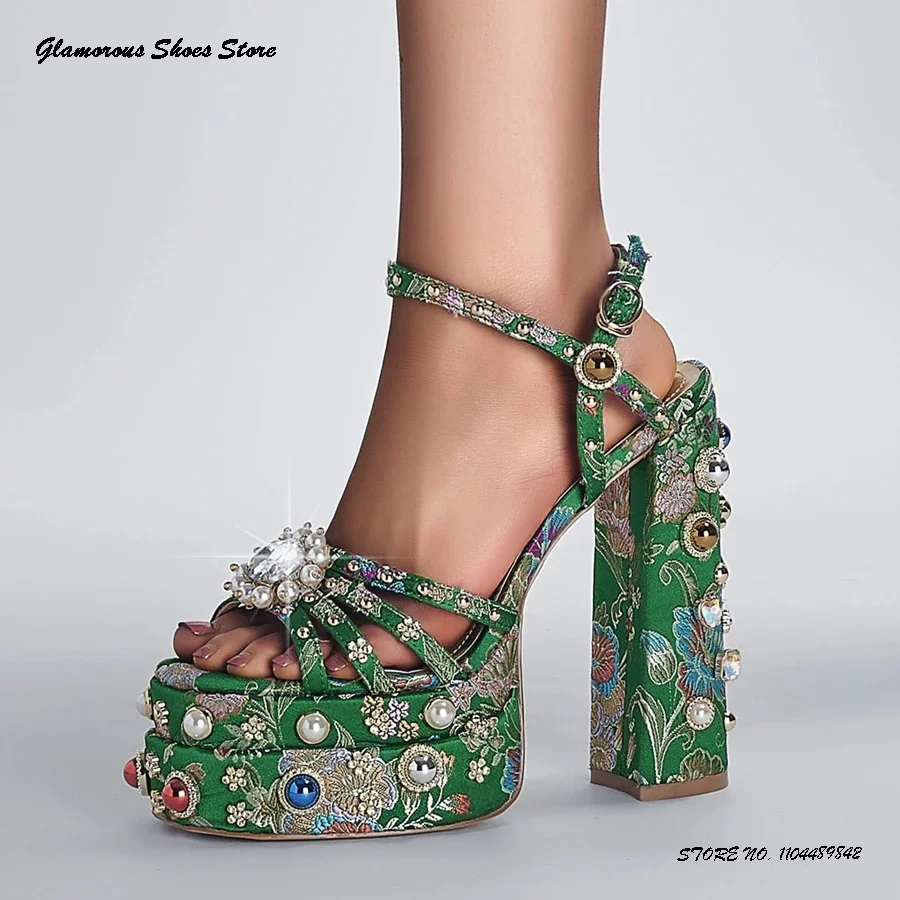 

Pearl and Crystal Print Platform Sandals Women's Square Open Toe Chunky Heel Prom Shoes Summer Buckle Strap Modern High Heels