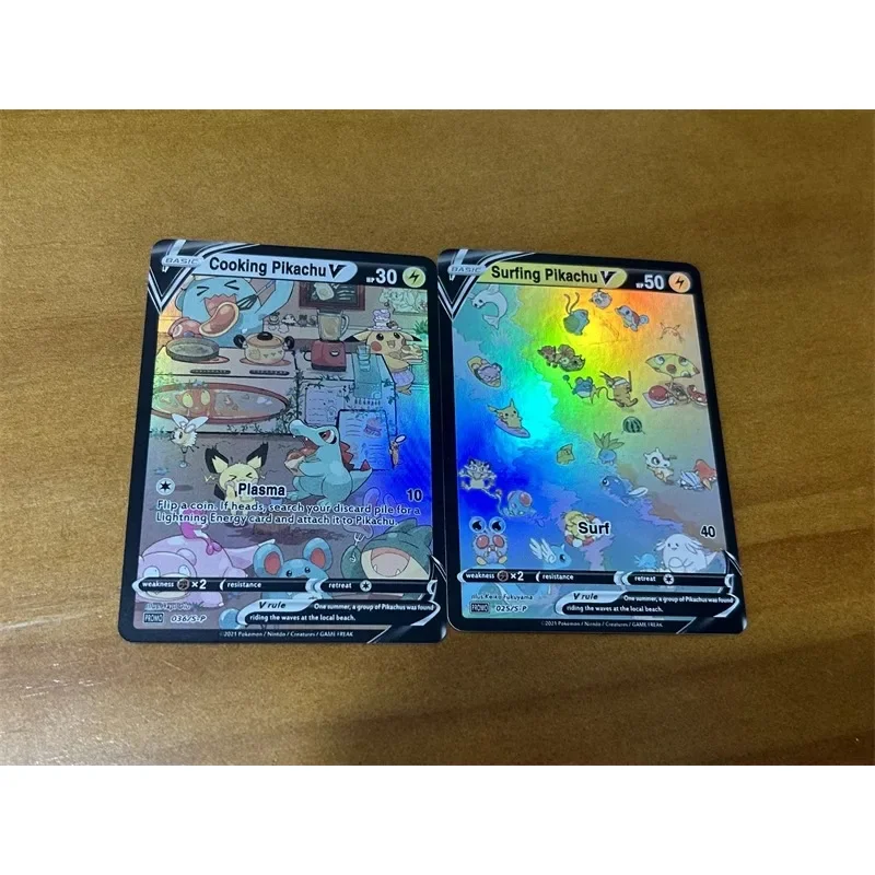 2pcs/set Pokemon PTCG Cooking Qikachu Surfing Qikachu Self Made Refraction Flash Card Anime Classics Game Collection Cards Toy