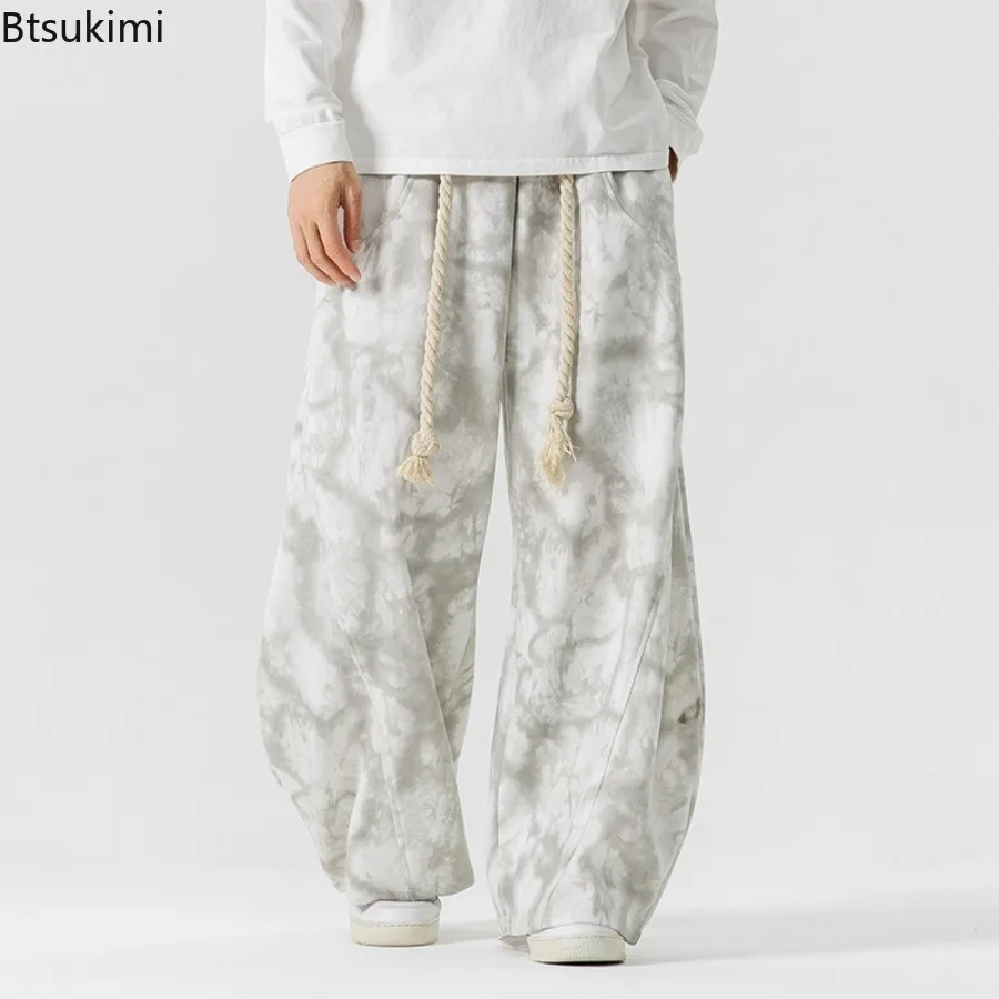 2026 Autumn Winter New Men's Plus Size Wide Leg Pants Japanese Hong Kong Style Tie Dye Casual Sweatpants Curved Knife Trousers