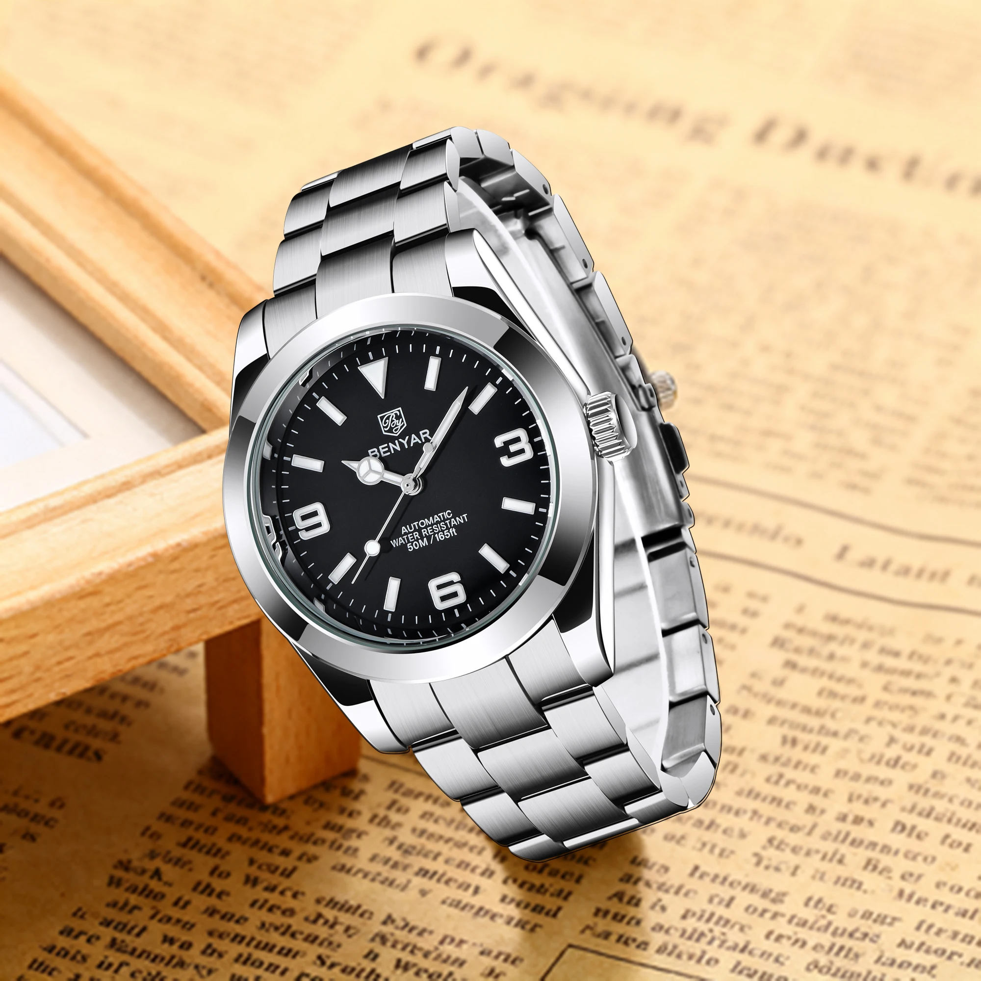 BENYAR 2026 New Men Automatic Mechanical Watch Daily Workplace All-Match Style Stainless Steel Hardlex Waterproof Luminous Watch