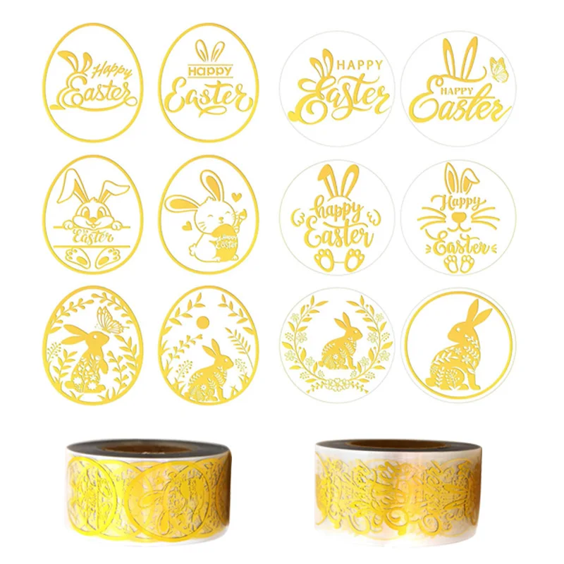 

500Pcs Happy Easter Golden Paper Stickers Bunny Eggs Sealing Label Sticker Cartoon Rabbits DIY Scrapbooking Decal Party Supplies