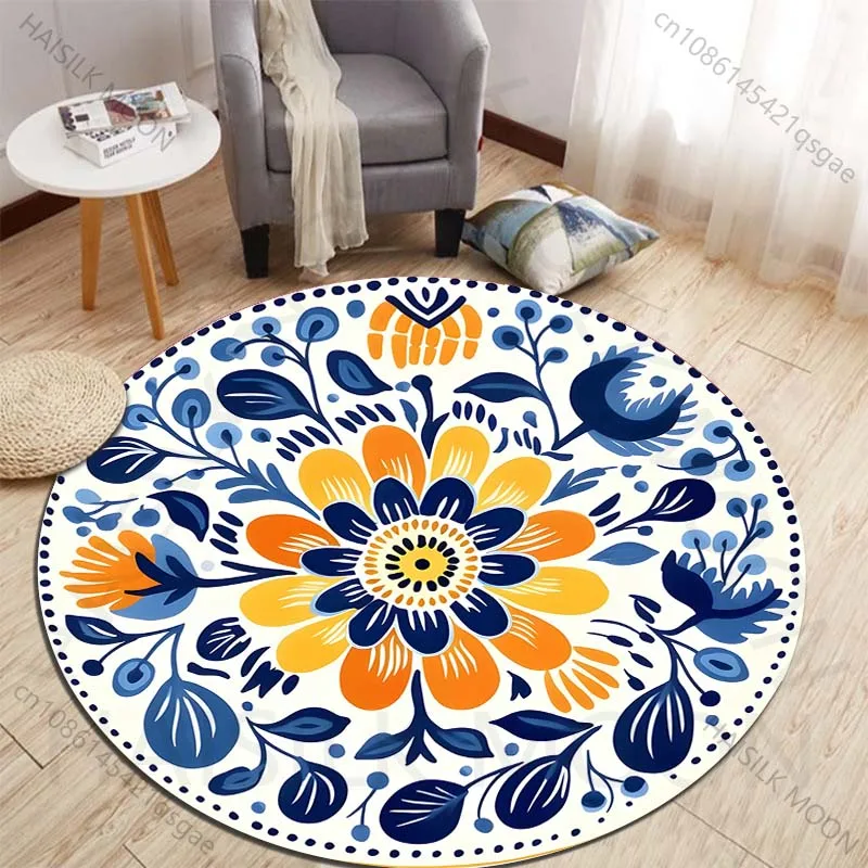 Circular floral decorative pattern in blue and orange Printed round carpet living room sofa table carpet large pet mat