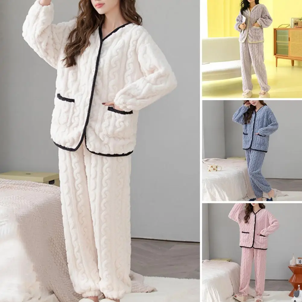 Sleepwear Women Pajamas Set Winter Fleece Velvet 2 Pieces Home Suit Sleep Fluffy Korean Warm Night Wear