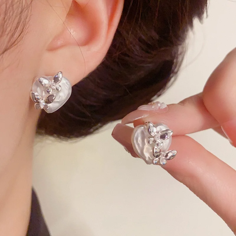 

Earrings for woman White heart silver butterflies Jewelry 2025 trend