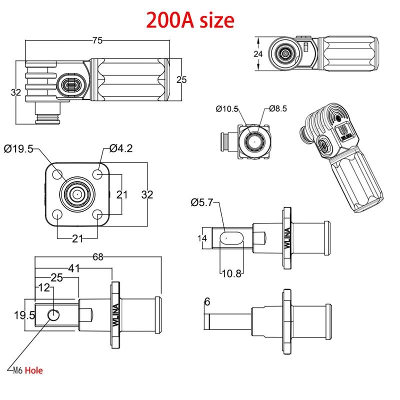 New Energy Storage Connector 200A 120A  DC 1000V Quick Plug Socket Red Copper Right Angle Plug Single Core Elbow Power Connector