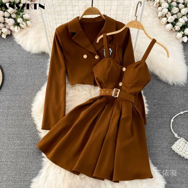 ANSZKTN Spring and autumn new women retro suit short jacket two sets with chest and halter skirt