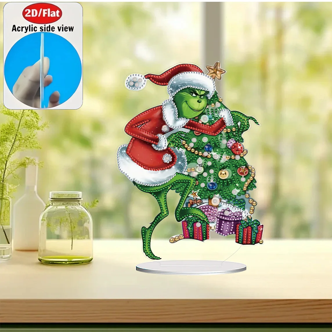 2D / Flat 1pc Fun Christmas Grinch Acrylic Welcome Plaque Diamond Painting Desktop Ornament Set, Shiny Wall Decor, Holiday Gift - view 4