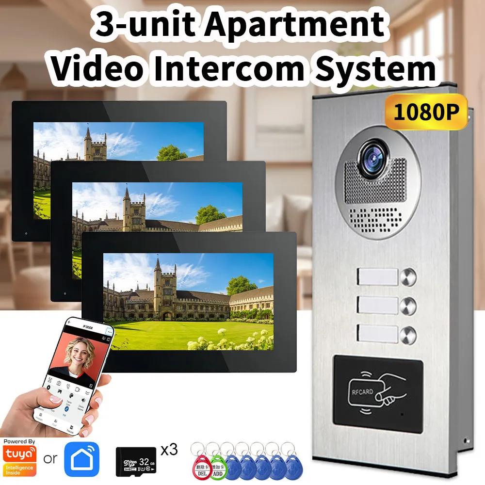 3-Unit Apartments Intercom Video Doorbell with RFID Card Unlock 4 Wired Video Door Phone System 1080P TUYA Smart
