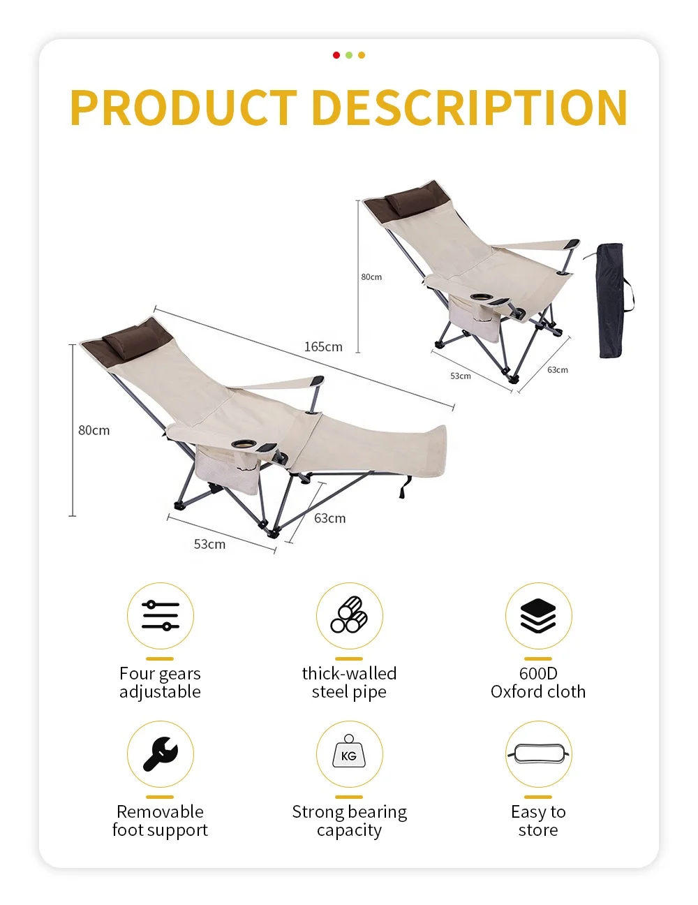 Portable Folding Reclining Chair Lightweight Adjustable Chair for Outdoor Camping Beach Patio Compact Storage