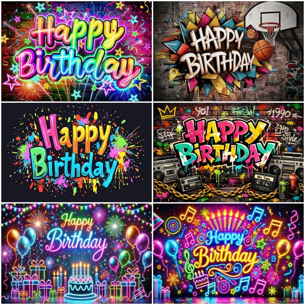 

Neon Light Graffiti Splashed Birthday Party Theme Background Decorations Retro Backdrop Adults Children Gift Photo Prop Studio