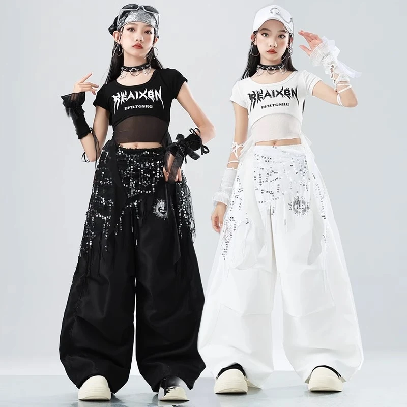 

Одежда в стиле хип-хоп для девочек, топы с пупком для джазовых танцев, брюки, детский спортивный костюм для уличных танцев, костюм для выступлений в стиле Kpop, Rave Wear L16409