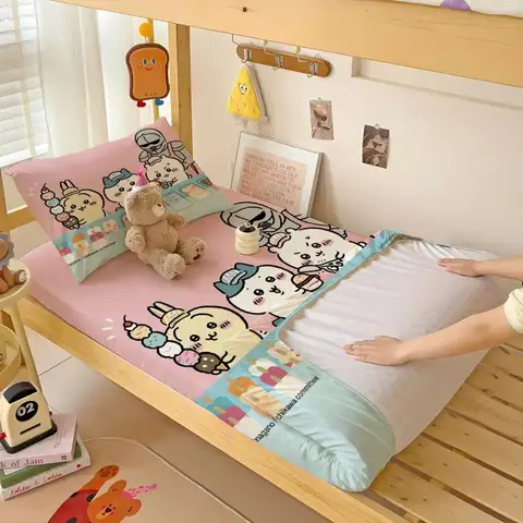 Chiikawa Cartoon Fitted Sheet Usagi Hachiware Dormitory Single Bed Mattress Cover Comfortable Elastic Anti-Slip Kawaii Bed Sheet
