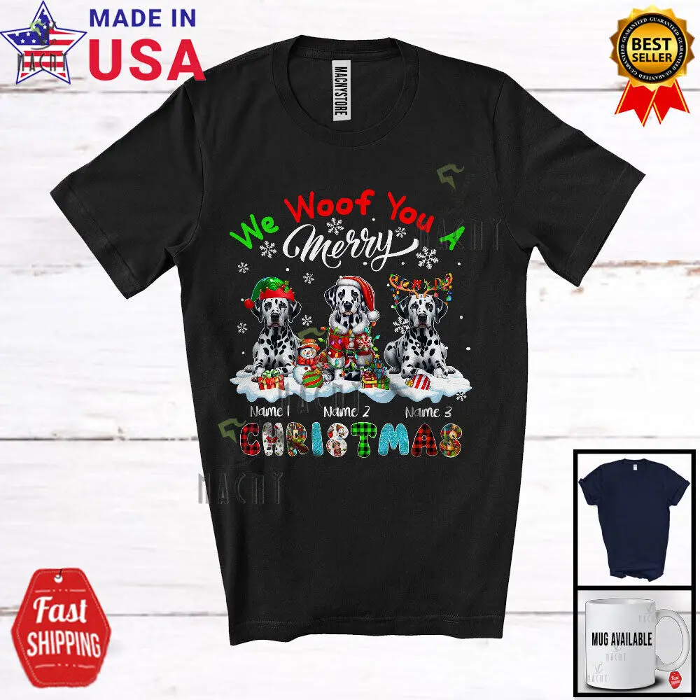 

We Woof You A Merry Christmas; Lovely Plaid Dalmatians Custom Name T-Shirt