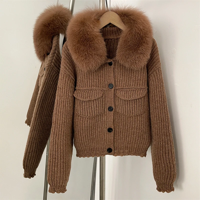 Cardigan tricoté côtelé avec col en vraie fourrure de renard pour femme, veste tricotée simple et décontractée de haute qualité, à la mode, nouvelle collection hiver