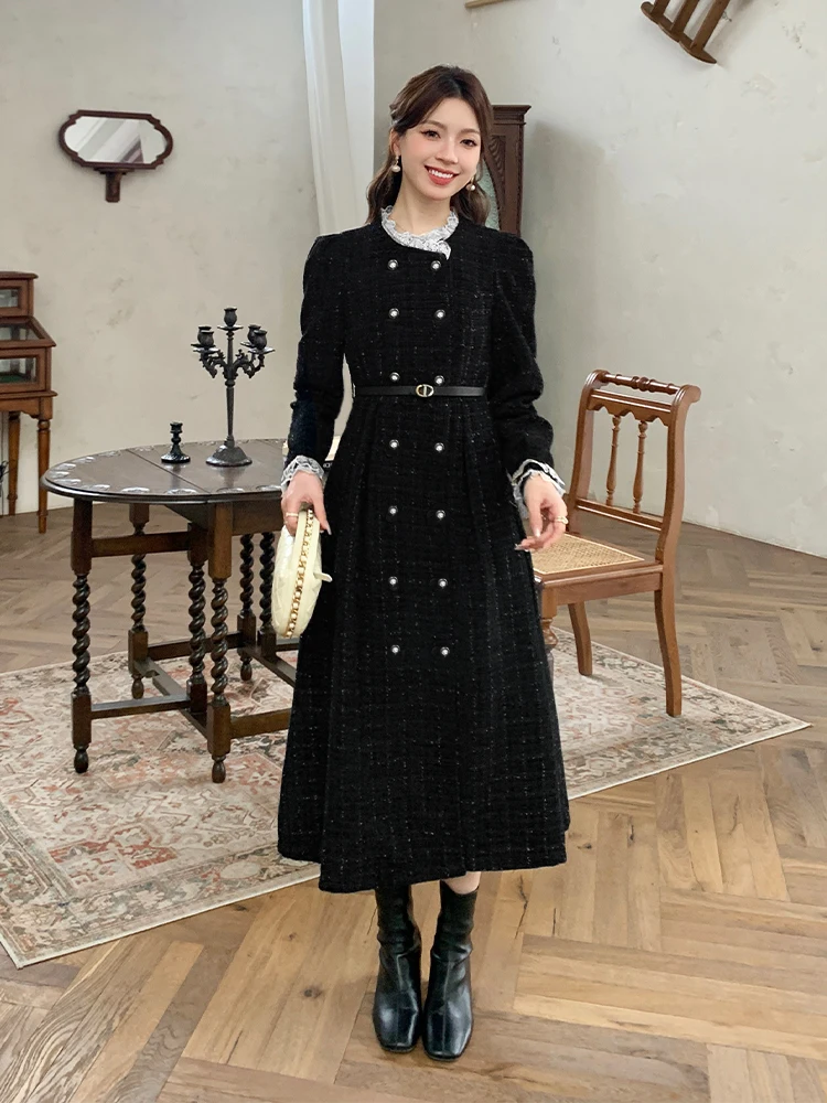 Plus size women's autumn and winter casual loose dress comfortable long-sleeved double-breasted mid-length dress 2024 new model