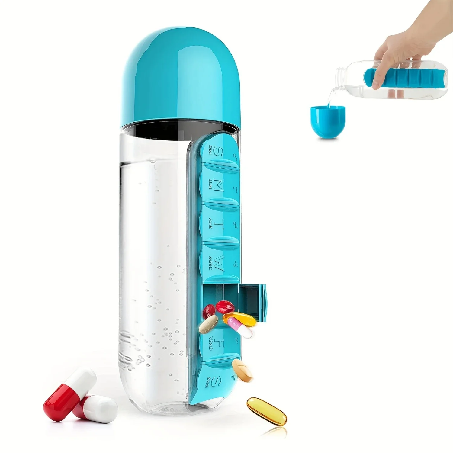 Water Bottle & Pill Organizer - Portable 7-Day Pillbox for Outdoor, Gym, Travel - BPA Free Plastic - 600ML