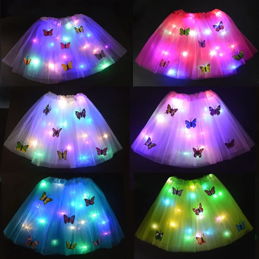 Kids Girl Light Up Glow Butterfly Tutu Skirt Neon Luminous Party Ballet Dance Cosplay Gift Led Clothing Wedding Festival