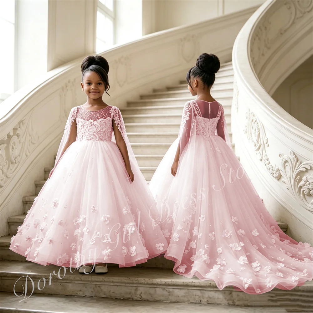 Elegant Flower Girl Dress with Cape Sleeves Quality Tulle Plants Decals Wedding Gown Kids Birthday Celebration Evening Dress
