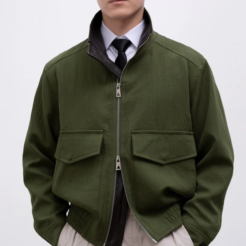 

Men's high-quality texture fabric, autumn-winter sheepskin and genuine leather patchwork business casual loose-fitting jacket