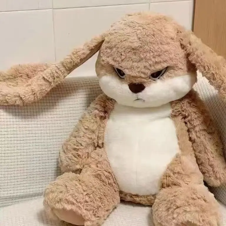 Cool Angry Bunny Plush Grumpy Face Long‑eared Rabbit Stuffed Animal Toy Fluffy Figure Home Decoration Birthday Christmas Gift
