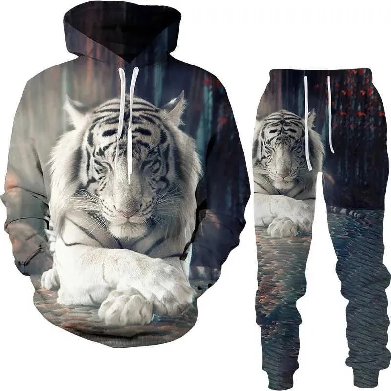 Men\'s Hoodies Sweatshirts Pants Suits White Tiger Graphic 3D Print Man Women Tracksuit Outfits Fashion Men\'s Clothing 2Pcs Sets