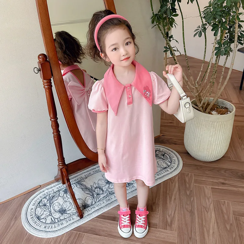 Kawaii Sanrios gaun lengan pendek My Melody Girls modis rok putri manis anak rok Preppy musim panas imut pakaian Anak