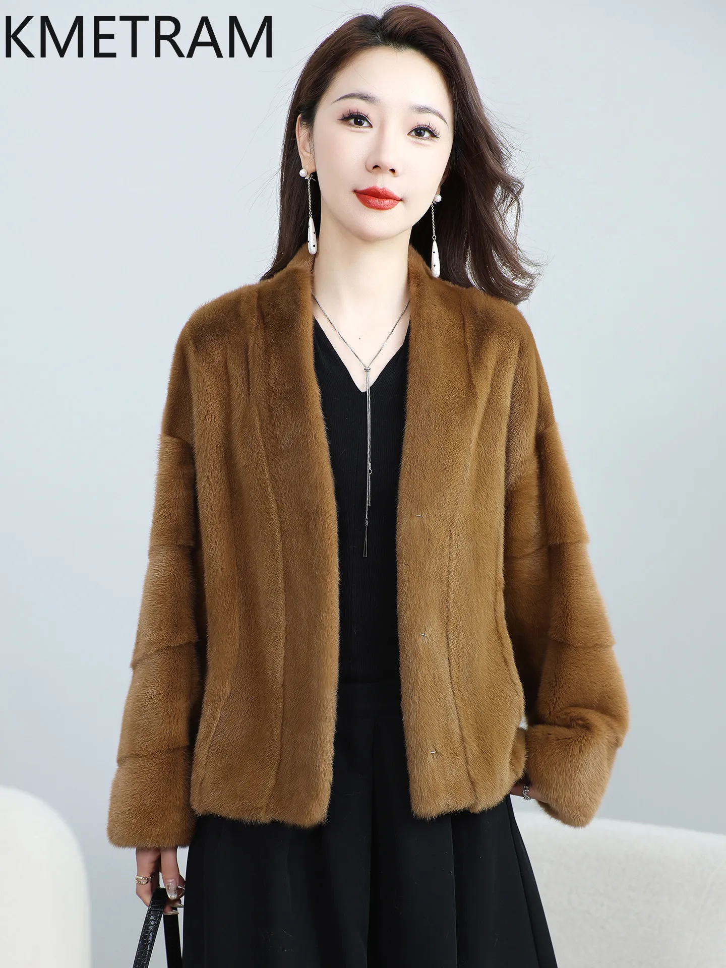 KMETRAM Natural Whole Velvet Mink Fur Coats Women V-Neck Short Winter Jacket 58cm Luxury Real Fur Coat Woman Clothing 2026 шуба