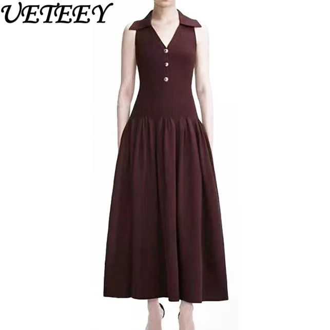 

2025 Autumn New French Style Classic V-neck Long Knitted Dress Women Stretchy Slim Fit Sleeveless Commuter Sweater Dress Female