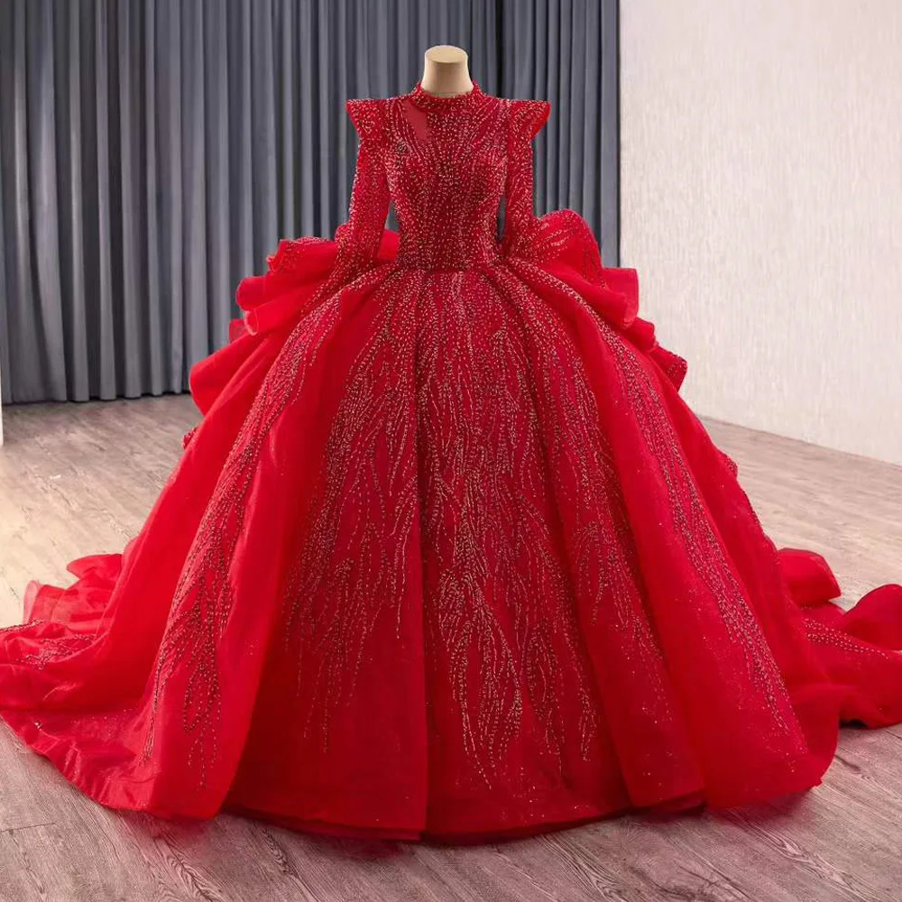 Vestidos de Noche de encaje de lujo 2025, vestidos largos rosas de manga larga con cuentas de cristal y cordones en la espalda con botones para ocasiones especiales