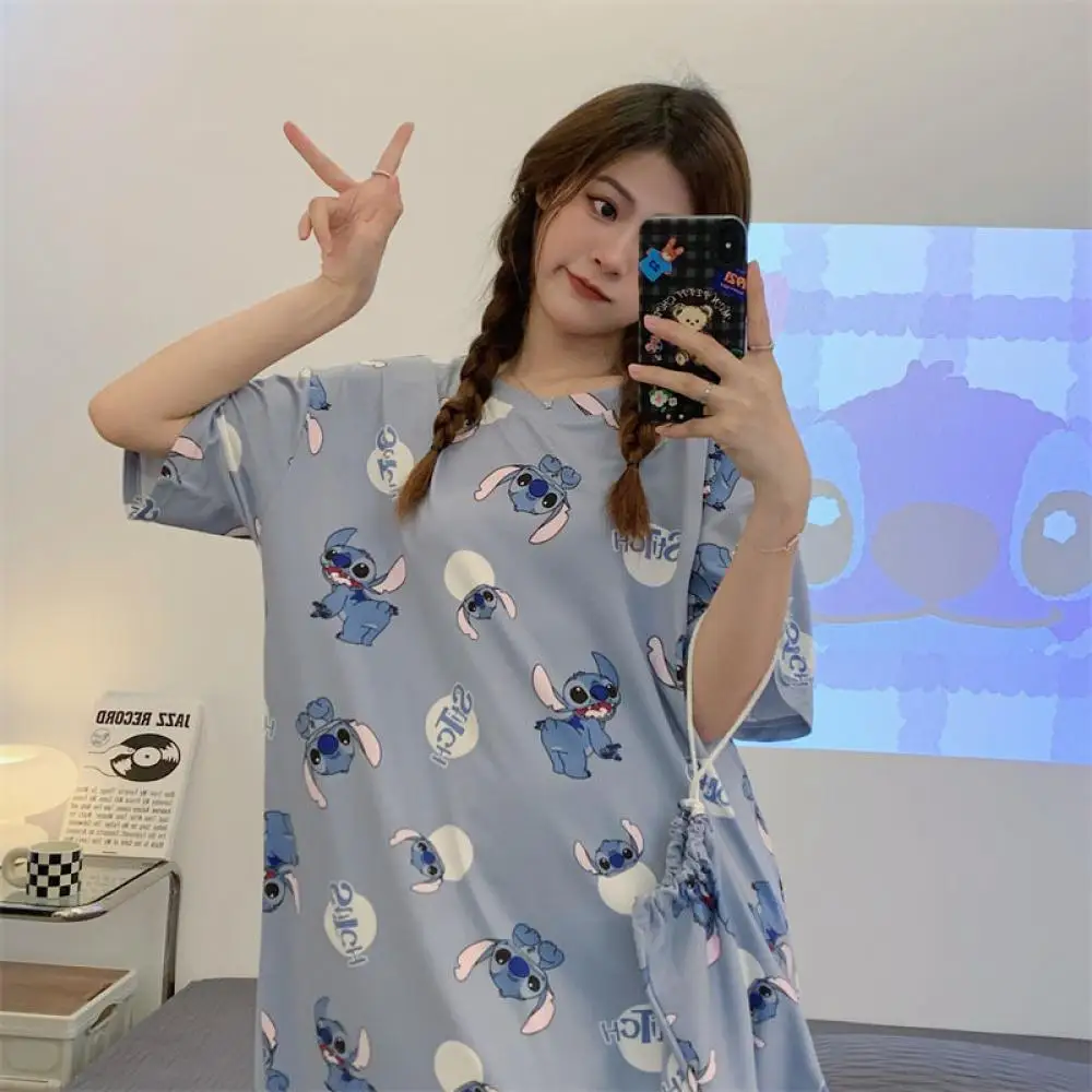 Kawaii Stitch الصيف ثوب النوم للنساء ديزني لطيف قصيرة الأكمام منامة كبيرة الحجم فضفاضة الكرتون الفتيات طالب ليلة تنورة