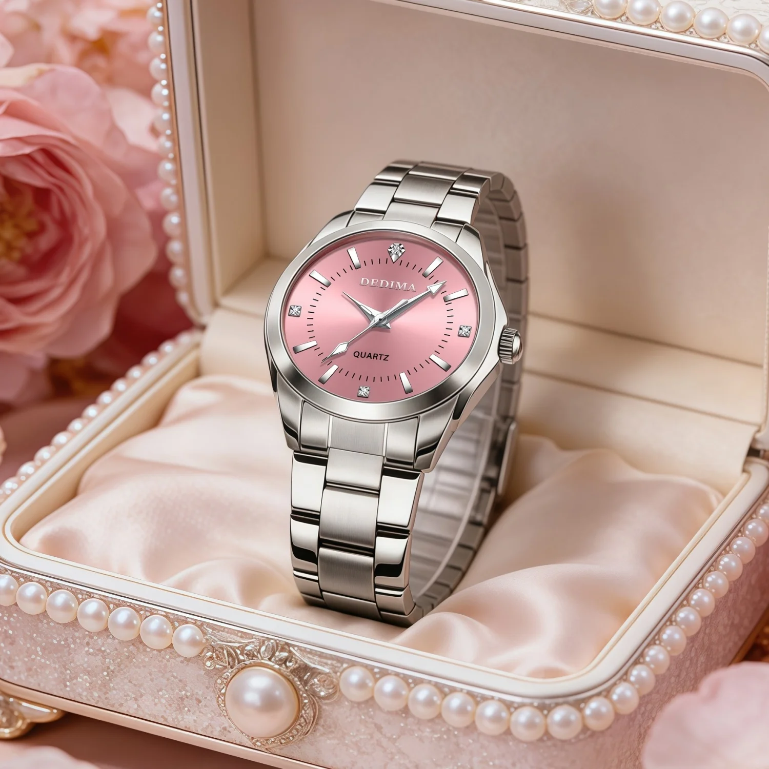 Casual Fashion Ladies Quartz Watch Daily Wear Pink Bezel Stainless Steel Strap 30M Water-Resistance Suitable Festival Gift +Box