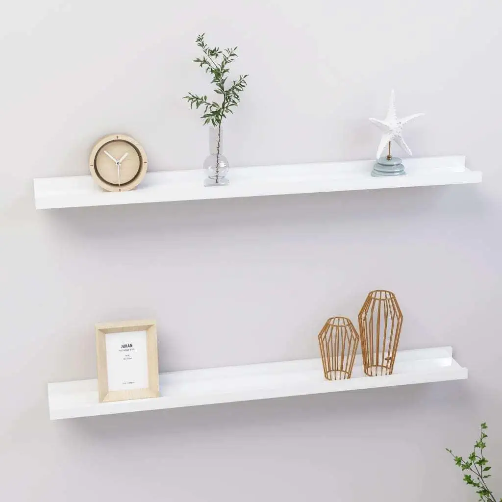 Set of 2 High Gloss White Wall Shelves - Stylish 80x9x3 cm Storage Solution