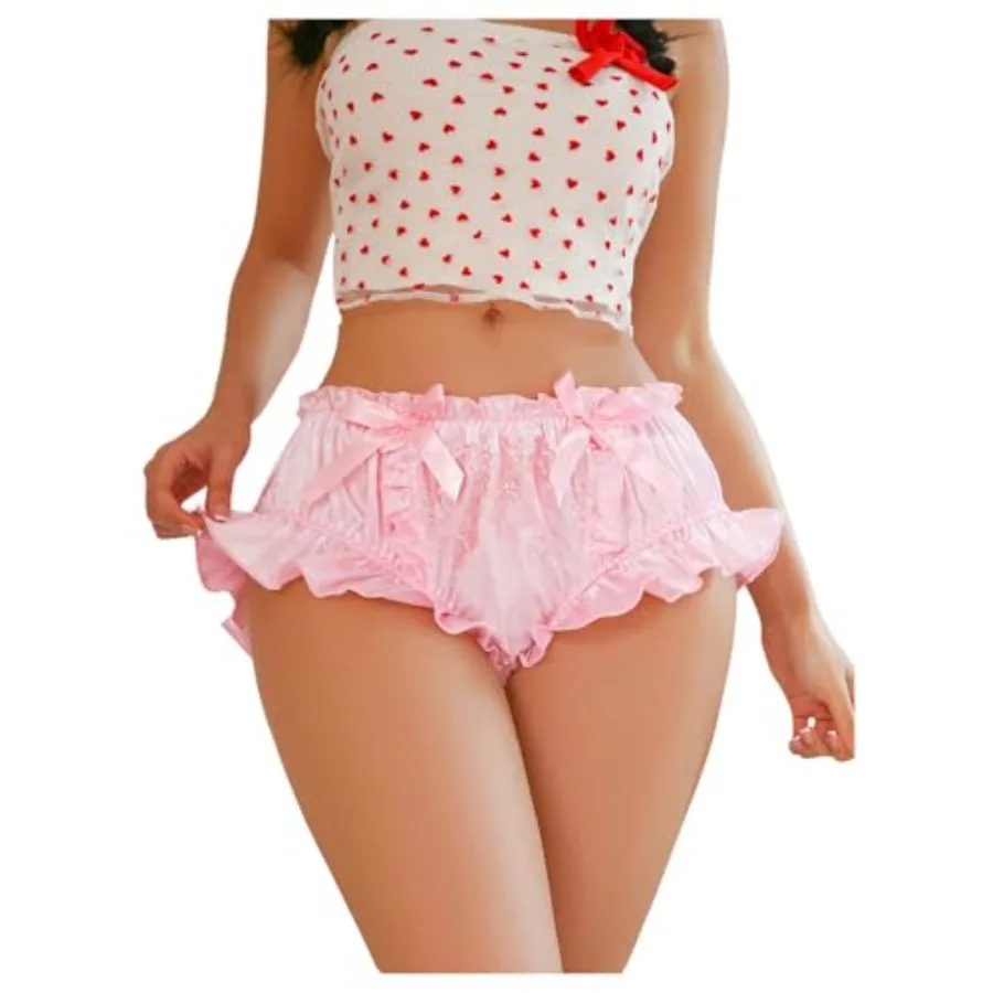 

SOLY HUX Women's Satin Underwear Brief Panty Floral Embroidery Bow Ruffle Trim Panties