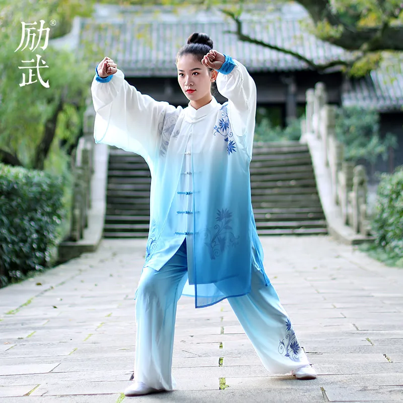 Blue And White Gradual Change Of Tai Chi Women Martial Arts Stage Performance Fitness Qigong Tai Chi Training Clothes Spring