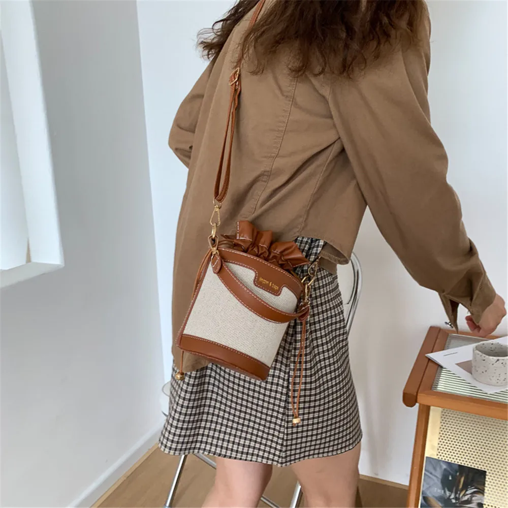 Women Fashion Shoulder Bags Cylinder Pu Leather Bucket Crossbody Bag Casual Drawstring Handbags Purse For Travel Shopping