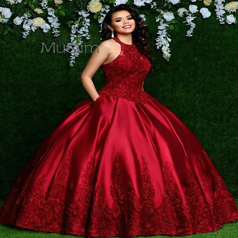 Elegante vestido de baile de quinceañera, vestido de satén sin mangas con cuello Halter, 15 cumpleaños, graduación, con bolsillos, talla grande, 2021