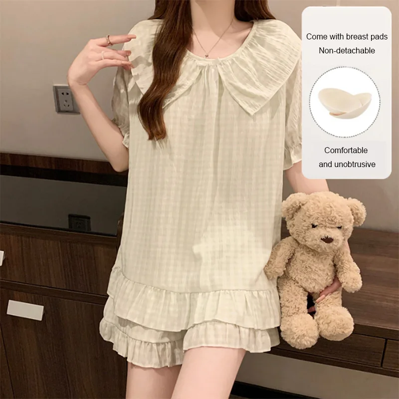 2 قطعة مجموعة الصيف قصيرة الأكمام الحلو الأميرة نمط فضفاض السراويل بيجامة مع الصدر ملابس المنزل 2025 ملابس خاصة جديدة