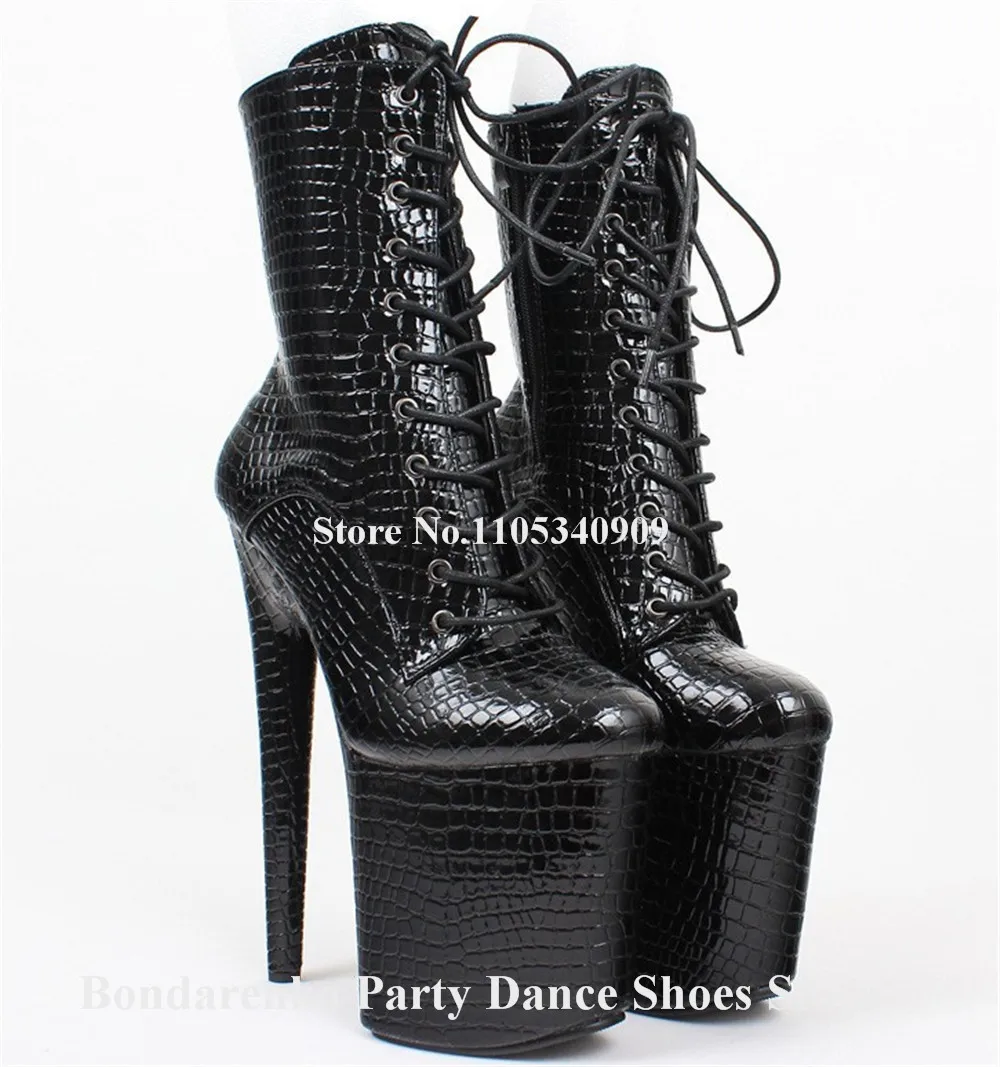 Women Sexy Black Snakeskin Patten Leather Stiletto Heel Short Boots Round Toe Lace-up High Platform 20cm Thin Heel Dance Shoes